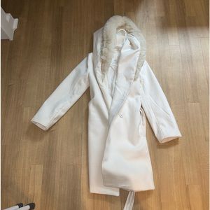 H&M tie waist white pea coat with fur hood